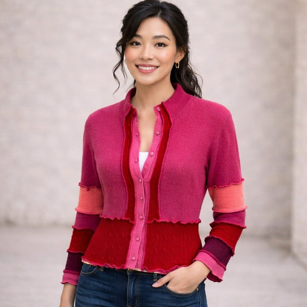 Elle Veve Recycled Wool Blend Button Up Cardigan Womens Red Orange Mauve Ruffle - Picture 9 of 9